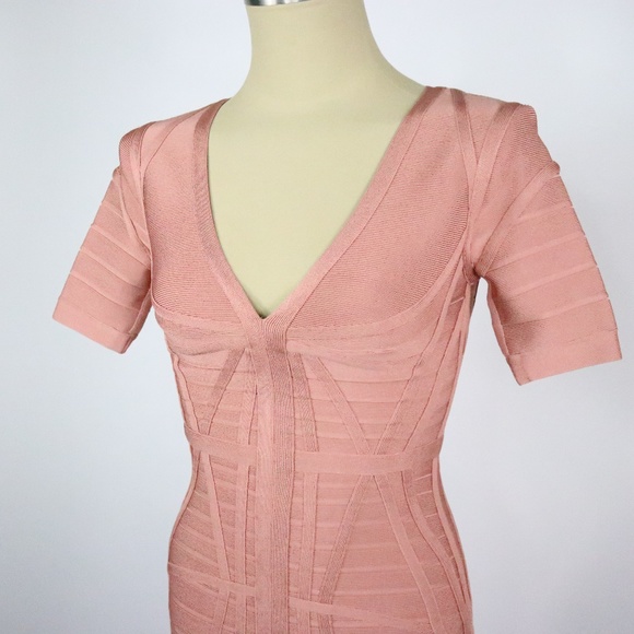 Herve Leger by Max Azria Bodycon Short Sleeve Dress - Small- Salmon - Picture 9 of 11